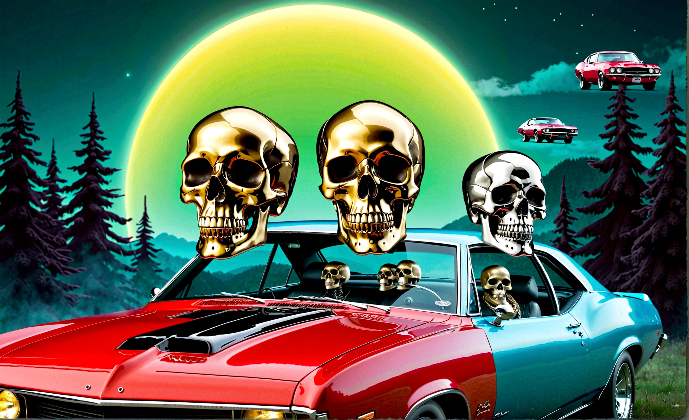 Two skulls on the cover of a spooky style music album with cars, machine guns, dogs and shiny jewelry