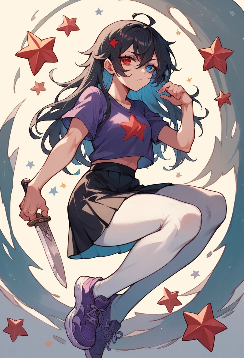 Tall girl with black hair that has heterochromia eyes, one blue and one red and one of them has a red star,Purple t-shirt and sports shoes With a black skirt and white pantyhose with a knife in her hand