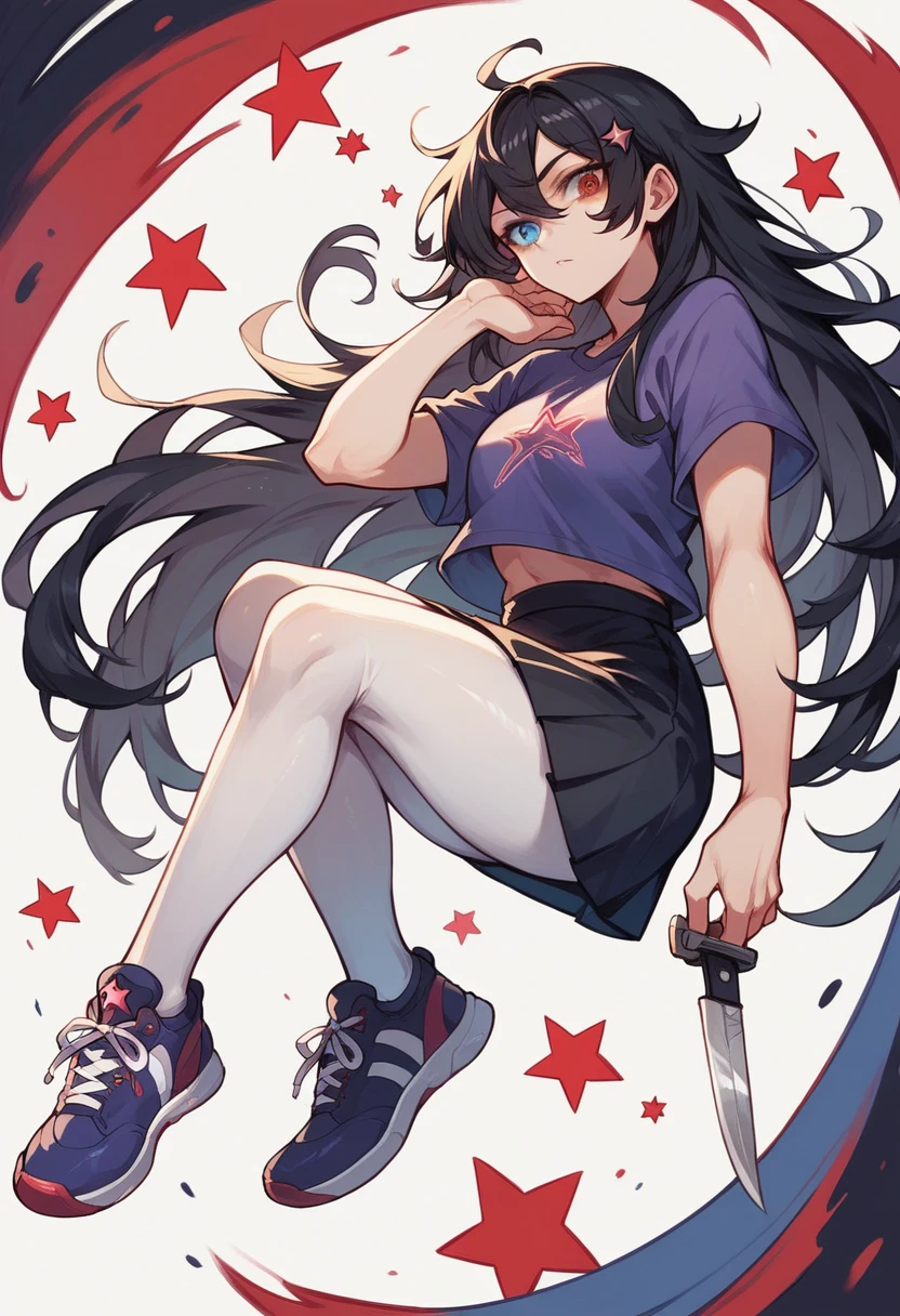 Tall girl with black hair that has heterochromia eyes, one blue and one red and one of them has a red star,Purple t-shirt and sports shoes With a black skirt and white pantyhose with a knife in her hand