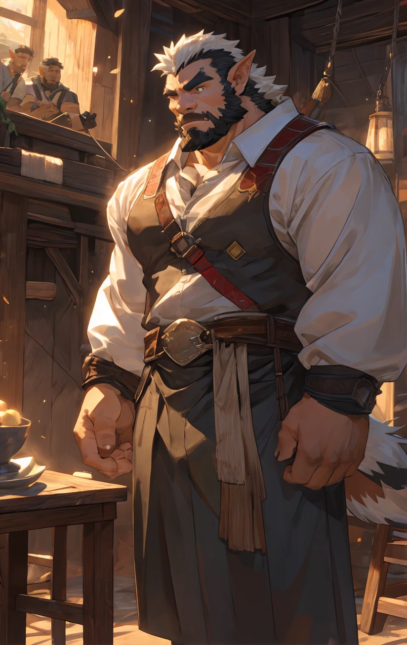 masterpiece, best quality, 1 person, aldult, Male focus, solitary,Dog Orc,Tall and big,Strong body,,Farmers,Moderate,Off-white hair,正在怀里抱着一个幼年Dog Orc,(knowledge base:0.6), Very detailed,(Rural idyll)