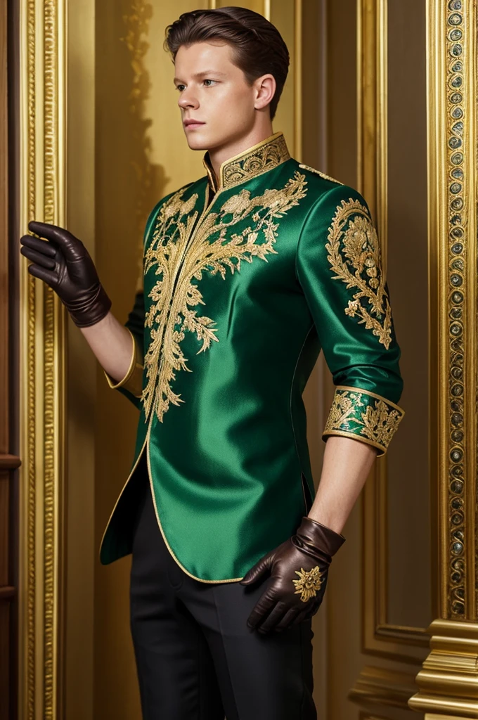 Patrick Gibson wearing:
Main Tunic:color: Bright green with more elaborate gold details.material: Silk or brocade, with intricate floral patterns.Decor: Gold and silver embroidery, with small gemstones on the neck and sleeves.layer:color: Gold with green lining.material: Heavy silk or velvet.Decor: Golden embroidery with rose and vine motifs.Subjection: A more elaborate brooch, possibly gem encrusted.gloves:color: Dorado.material: Silk or fine leather.Decor: Embroidery on the back of the hand, matching the rest of the outfit.Boots:color: Dark green or gold.material: fine leather, perhaps with embroidery or matching decorations.