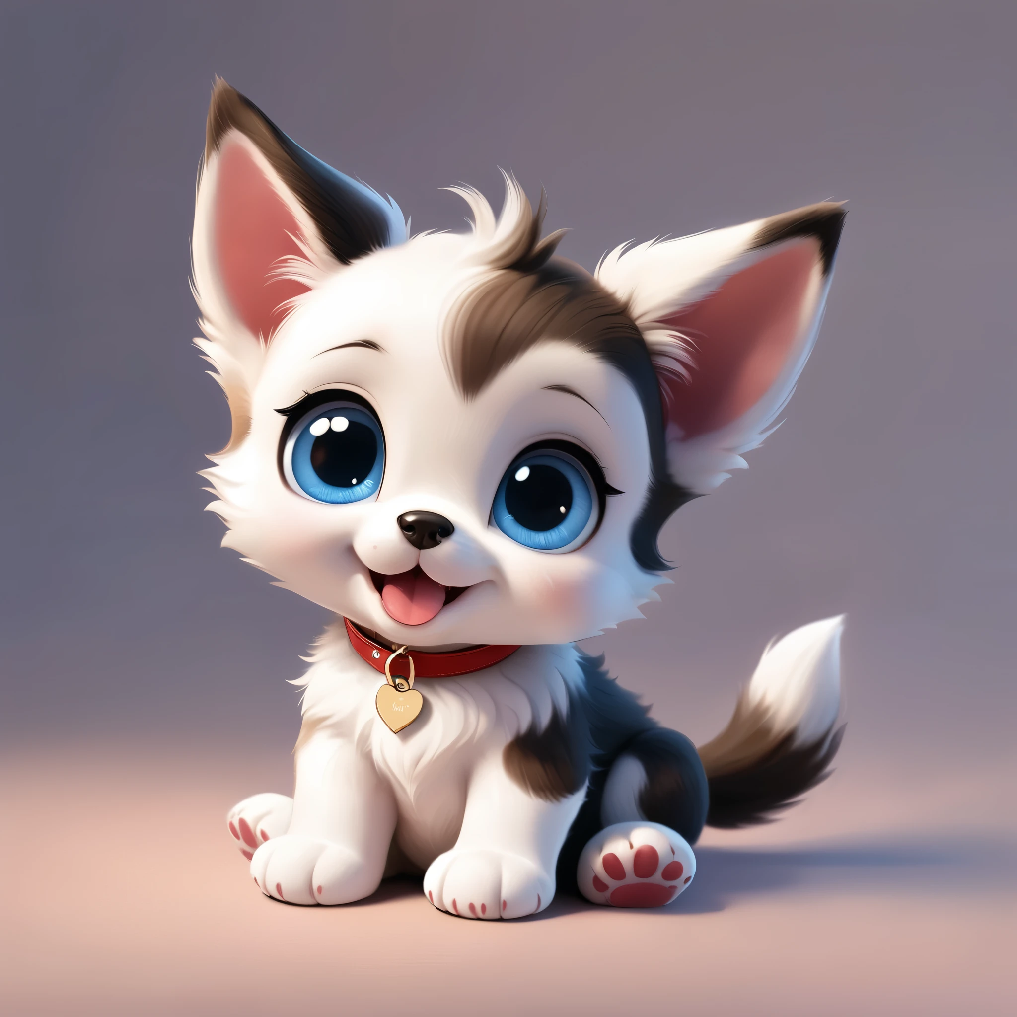 an adorable cartoon-style puppy sitting in a cute pose. The puppy has a fluffy black, white and brown fur pattern with large, expressive blue eyes and a happy, open-mouthed smile. The puppy's ears are pointed and slightly pink on the inside. It wears an red collar with a small gold tag. The fur is detailed and plush, giving the kitten a soft and cuddly appearance. The background is a simple, light pastel color to keep the focus on the puppy. The lighting is soft, adding a gentle glow to the scene.