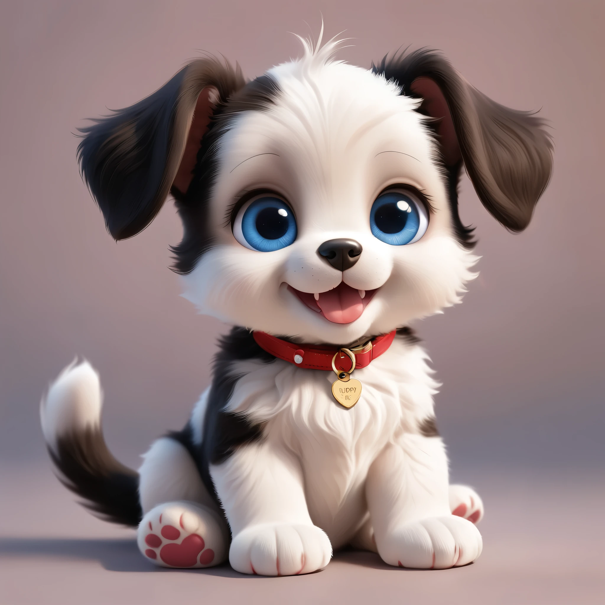 an adorable cartoon-style puppy sitting in a cute pose. The puppy has a fluffy black, white and brown fur pattern with large, expressive blue eyes and a happy, open-mouthed smile. The puppy's ears are pointed and slightly pink on the inside. It wears an red collar with a small gold tag. The fur is detailed and plush, giving the kitten a soft and cuddly appearance. The background is a simple, light pastel color to keep the focus on the puppy. The lighting is soft, adding a gentle glow to the scene.