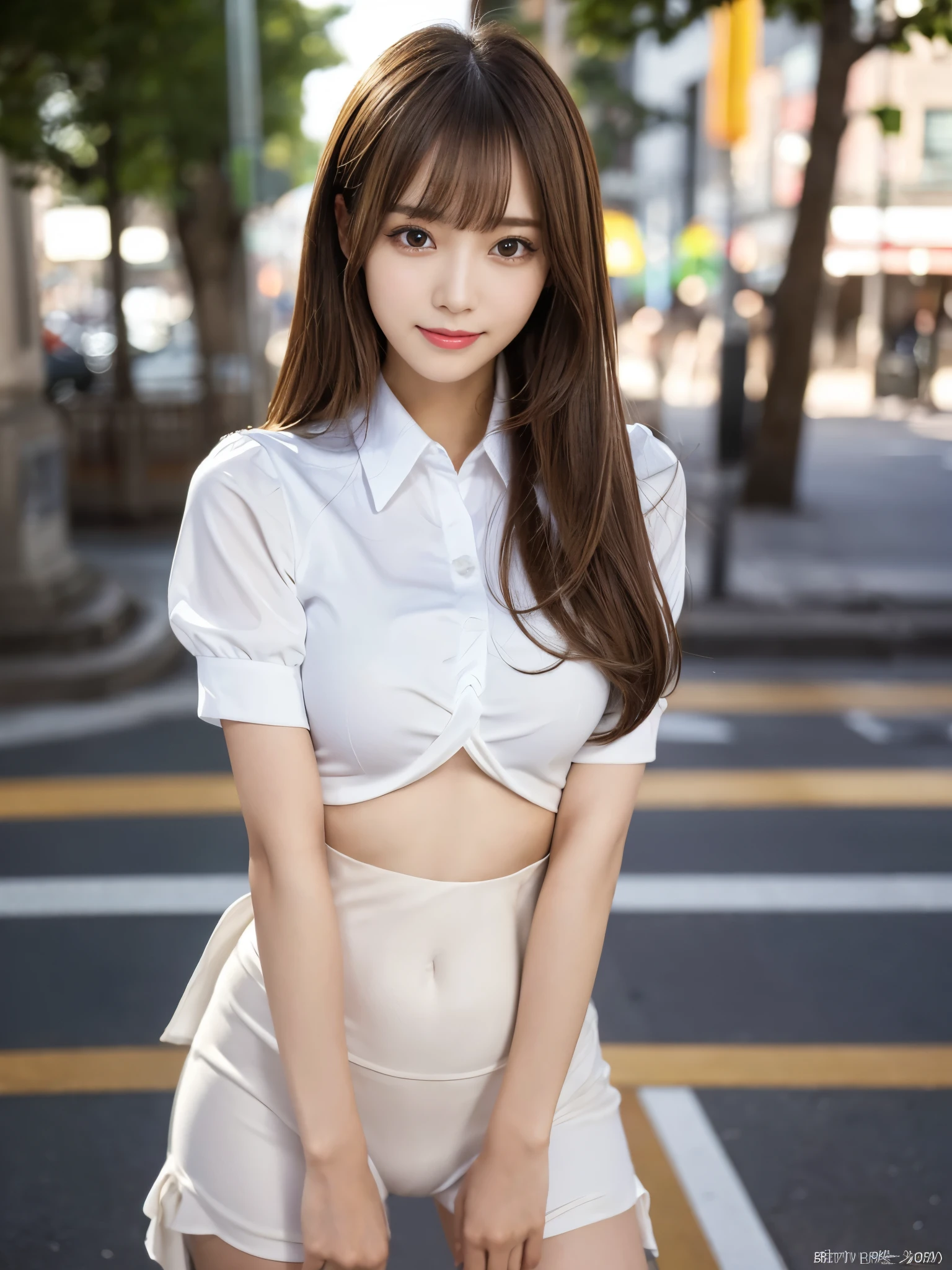 (Detailed skin:1.2),(Shiny skin:1.1),8K,Highest quality, masterpiece, Ultra-high resolution,(Realistic:1.4), RAW Photos,(Soft saturation:1.3),(Fair skin:1.2),Japanese Idols,repair,20 years, Light brown hair, （Long Hairstyles:1.2), Asymmetrical Hair, Asymmetrical bangs (Pretty face:1.4), (Big Breasts, Tight waist), Beautiful lighting, Small Head, (uniform:1.2,),Highly detailed face, Highly detailed lips, fine grain, double eyelid,（Full Body Shot）, Browsing Caution, （Sharp focus: 1.2）, （Perfect Anatomy、Beautiful woman with perfect figure: 1.2）、Random sexy poses，Accentuate your leg lines、Smiling
