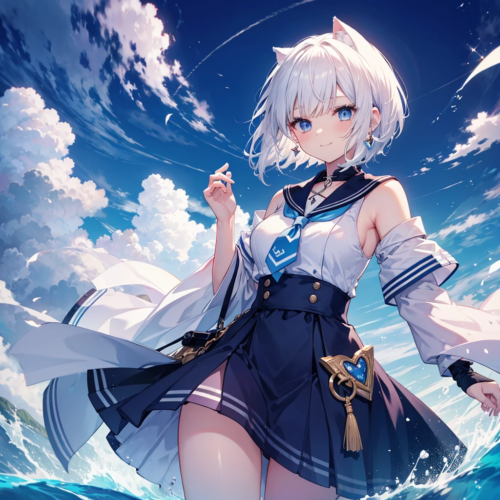 White Hair blue eyes short hair Have student Cat ear nice Blue Earrings necklace gloves beauty thin Sailor suit Fantasy smile coastal sunset Fluffy hair