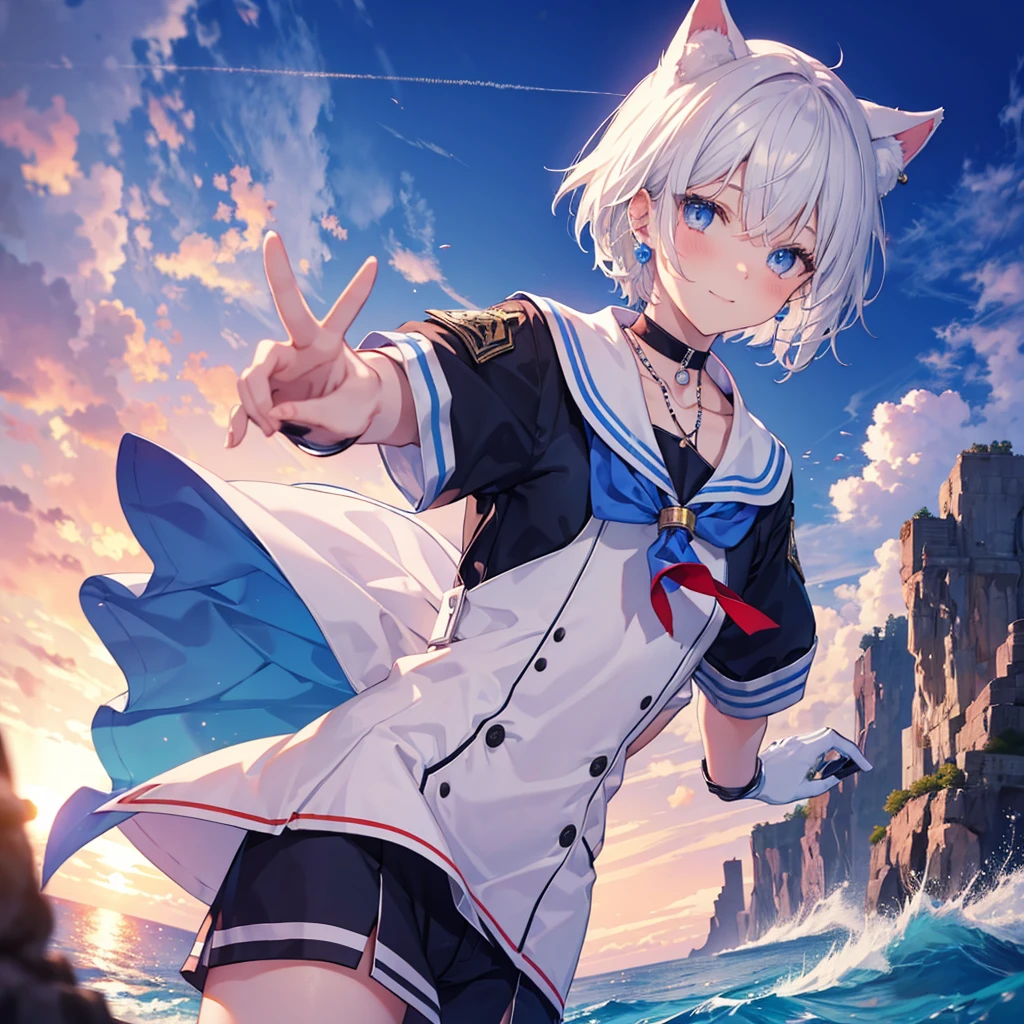White Hair blue eyes short hair Have student Cat ear nice Blue Earrings necklace gloves beauty thin Sailor suit Fantasy smile coastal sunset Fluffy hair