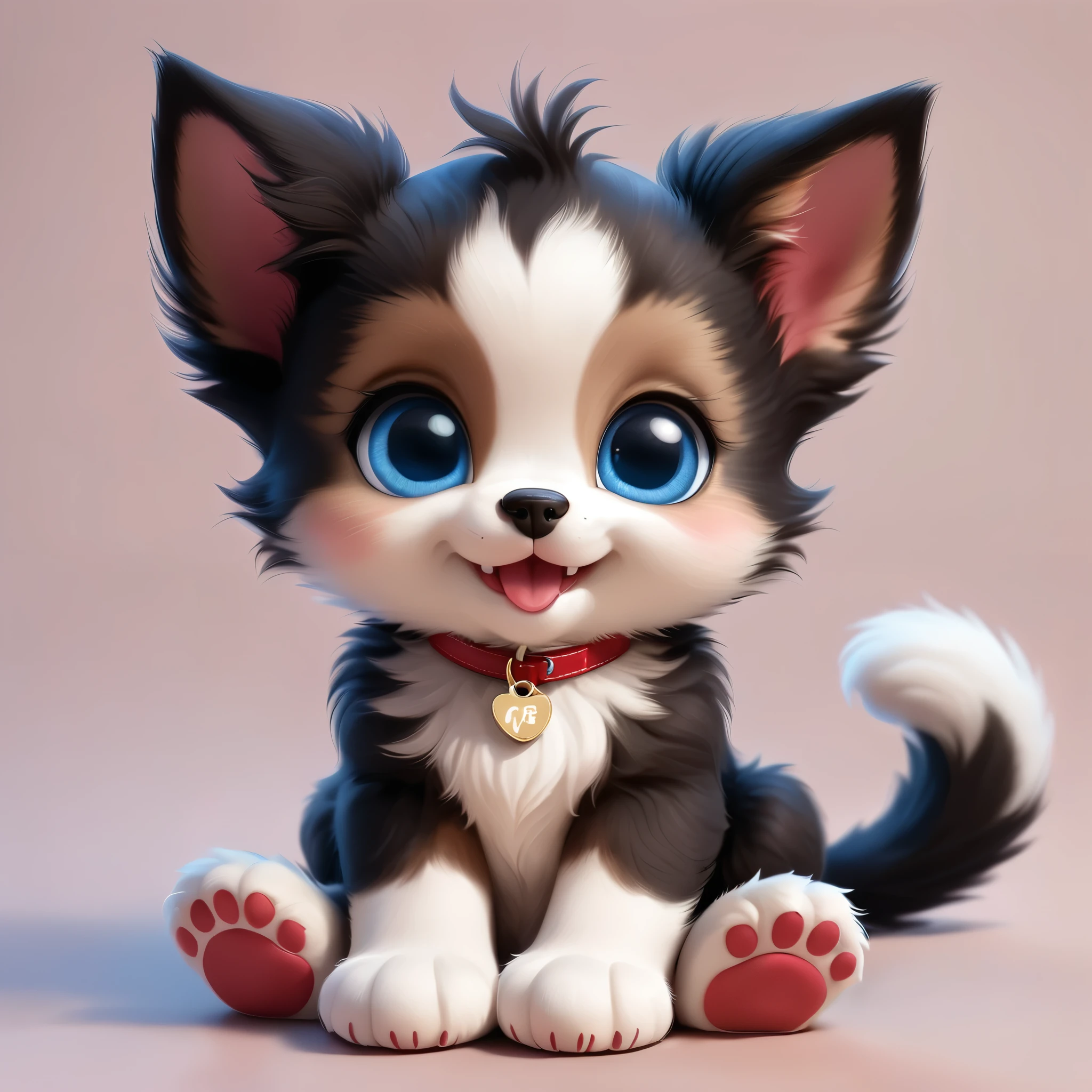 an adorable cartoon-style puppy sitting in a cute pose. The puppy has a fluffy black, white and brown fur pattern with large, expressive blue eyes and a happy, open-mouthed smile. The puppy's ears are pointed and slightly pink on the inside. It wears an red collar with a small gold tag. The fur is detailed and plush, giving the kitten a soft and cuddly appearance. The background is a simple, light pastel color to keep the focus on the puppy. The lighting is soft, adding a gentle glow to the scene.