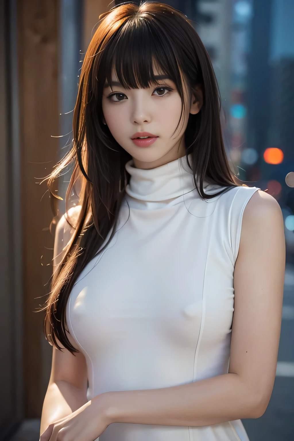 Random Pause, Mix 4,8K, RAW Photos, Highest quality, masterpiece: 1.45), (Realistic, photoRealistic: 1.37), one girl, cute, Cityscape, night, rain, wet, Professional Lighting, Photon Mapping, Radio City, Physically Based Rendering, ,, girl, {white,Sheer, tight short-sleeved turtleneck:1.2):Nipples}, White skin, best quality photos, High resolution, 1080P, (Clear Face), (Detailed face description), (Detailed hand description), (masterpiece), ), Extreme light and shadow, (Straight Hair:1.5}, masterpiece, Rich details, (Beautiful Face), (Highest quality photo ), (masterpiece), (bangs:1.5), Look in front of you, Thin clavicle, (Small breasts:1.4),