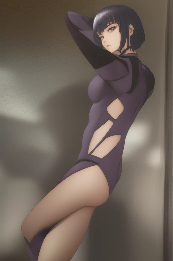 Master piece, High Quality, 1Girl, Raiden Shogun, Body Suit purple, Hero Pose, Hands behind back