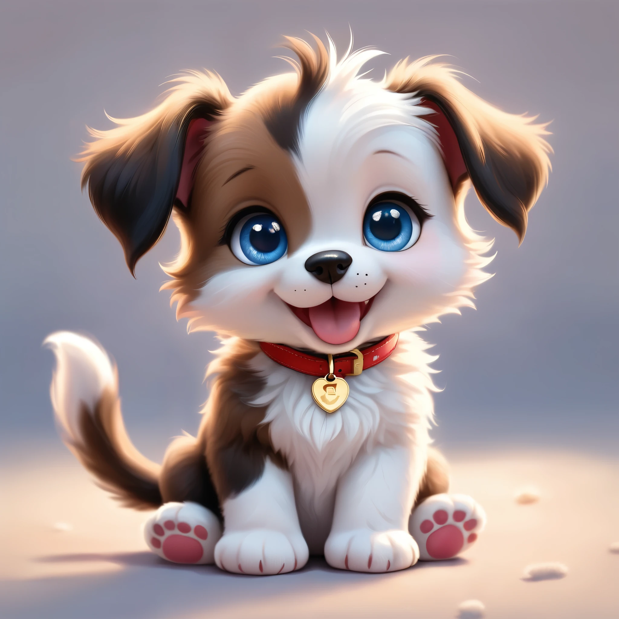 an adorable cartoon-style puppy sitting in a cute pose. The puppy has a fluffy black, white and brown fur pattern with large, expressive blue eyes and a happy, open-mouthed smile. The puppy's ears are pointed and slightly pink on the inside. It wears an red collar with a small gold tag. The fur is detailed and plush, giving the kitten a soft and cuddly appearance. The background is a simple, light pastel color to keep the focus on the puppy. The lighting is soft, adding a gentle glow to the scene.