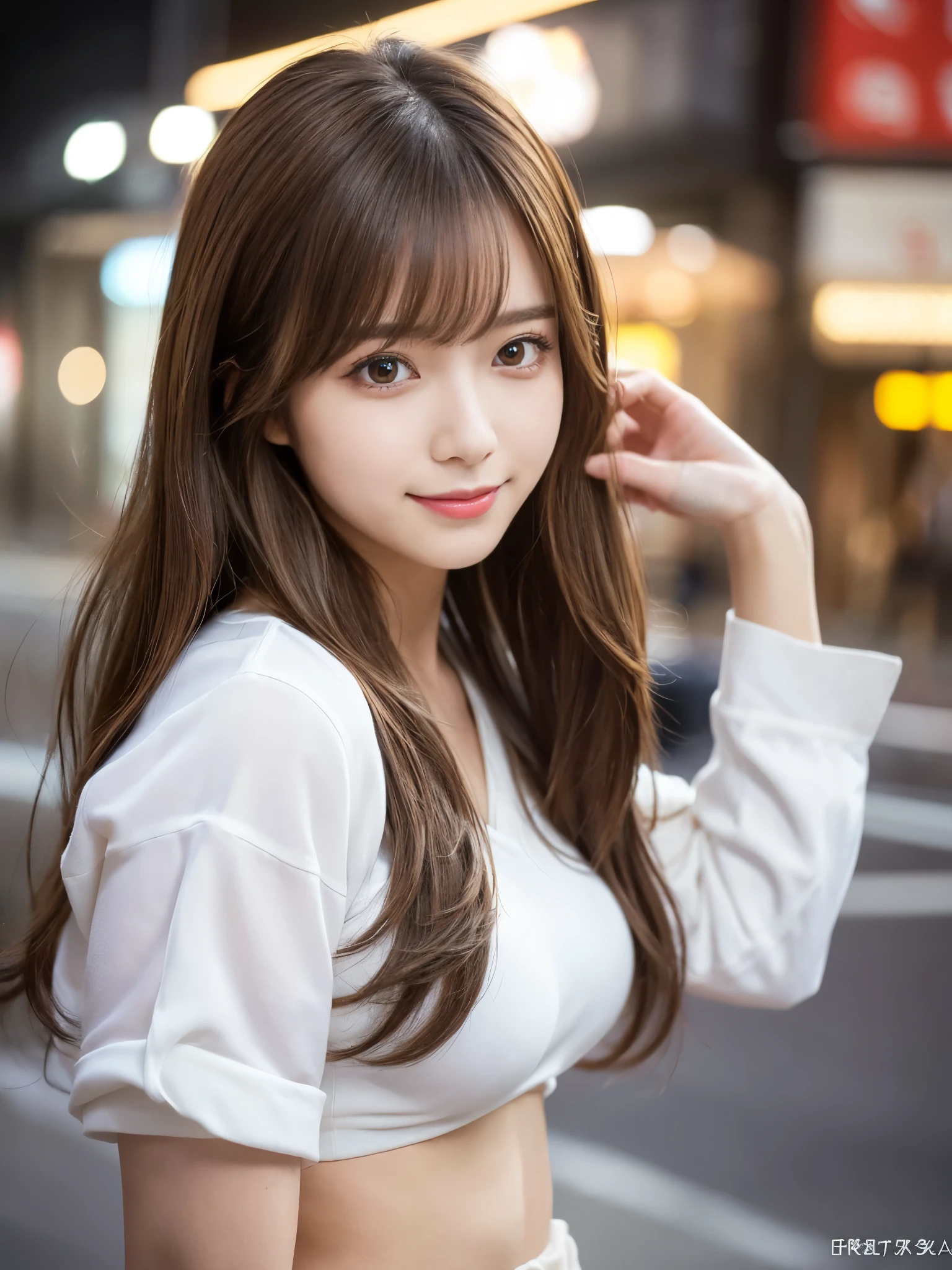 (Detailed skin:1.2),(Shiny skin:1.1),8K,Highest quality, masterpiece, Ultra-high resolution,(Realistic:1.4), RAW Photos,(Soft saturation:1.3),(Fair skin:1.2),Japanese Idols,repair,20 years, Light brown hair, (Long Hairstyles:1.2), Asymmetrical Hair, Asymmetrical bangs (Pretty face:1.4), (Big Breasts, Tight waist), Beautiful lighting, Small Head, (uniform:1.2,),Highly detailed face, Highly detailed lips, fine grain, double eyelid,(Full Body Shot), Browsing Caution, (Sharp focus: 1.2), (Perfect Anatomy、Beautiful woman with perfect figure: 1.2)、Random sexy poses,Accentuate your leg lines、Smiling