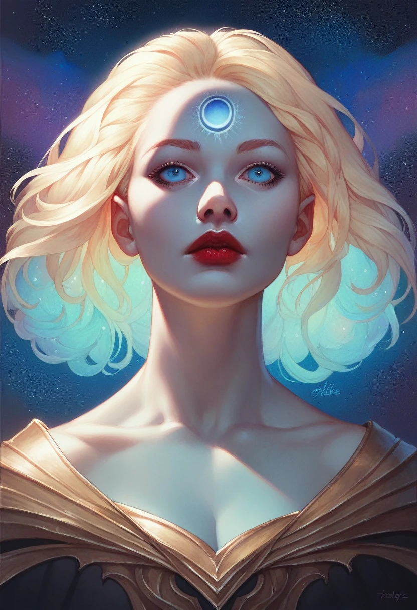 Giles dark wizards. dark wizards. blue eyes. blond hair. Red lips. Detailed Features.., cosmic colors, ethereal lighting, surreal painting, high resolution, otherworldly atmosphere, celestial beings. Beautiful goddess posing very sexy and looking at the screen very close