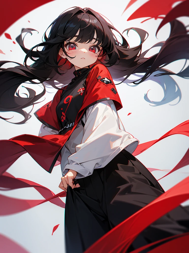 Raise a 5 year oas crimson eyes,wavy black hair,bangs and her clothes are cute, make the character anime style