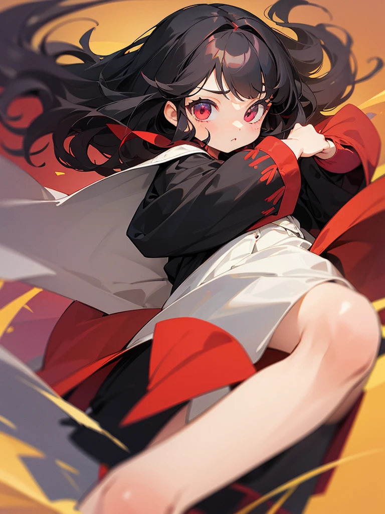 Raise a 5 year oas crimson eyes,wavy black hair,bangs and her clothes are cute, make the character anime style