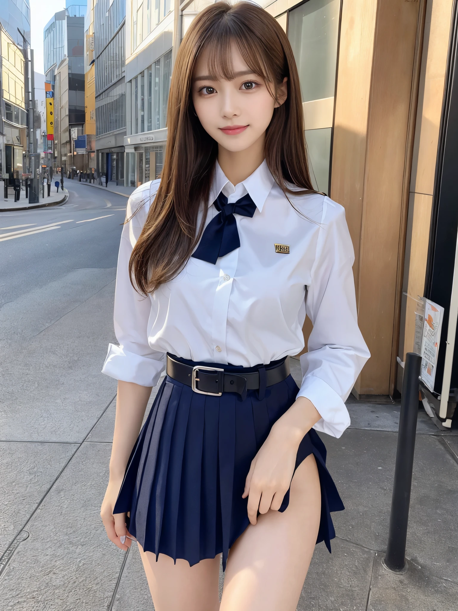 (Detailed skin:1.2),(Shiny skin:1.1),8K,Highest quality, masterpiece, Ultra-high resolution,(Realistic:1.4), RAW Photos,(Soft saturation:1.3),(Fair skin:1.2),Japanese Idols,repair,20 years, Light brown hair, （Long Hairstyles:1.2), Asymmetrical Hair, Asymmetrical bangs (Pretty face:1.4), (Big Breasts, Tight waist), Beautiful lighting, Small Head, (uniform:1.2,),Highly detailed face, Highly detailed lips, fine grain, double eyelid,（Full Body Shot）, Browsing Caution, （Sharp focus: 1.2）, （Perfect Anatomy、Beautiful woman with perfect figure: 1.2）、Random sexy poses，Accentuate your leg lines、Smiling
