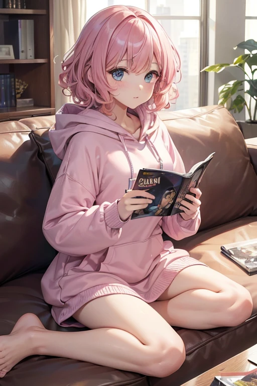 (One transcendent beautiful girl)、ultra-detailed、(8K, RAW photo, best quality, masterpiece:1.2), (extremely detailed 8K wallpaper),professional lighting,sharp focus, depth of field、(((Detailed and accurate face))),((side shot)),nfws,((Pink short bob、Fluffy curly hairy、Rainbow colored inner curl hair))、((Highest quality)), ((masterpiece)), (((A simple, baggy hoodie、barefoot))),((Perfect Face、Beautiful Eyes)),((sitting on the sofa reading a magazine))