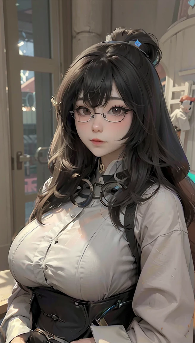 (1 girl:1.3)、solo、__body parts__、official art、unity 8k wallpaper、super detailed、Cosmetology and aesthetics、big breasts beautiful、master piece、best quality、fantastic atmosphere、calm color palette、feeling calm、soft shades、sexy nun、、 ((((giant glasses, otaku glasses, thick glasses, round glasses)))),(((big breasts)))、charisma spell、vignette、Duties of a nun、look at the camera,light smile,the biggest:1.4