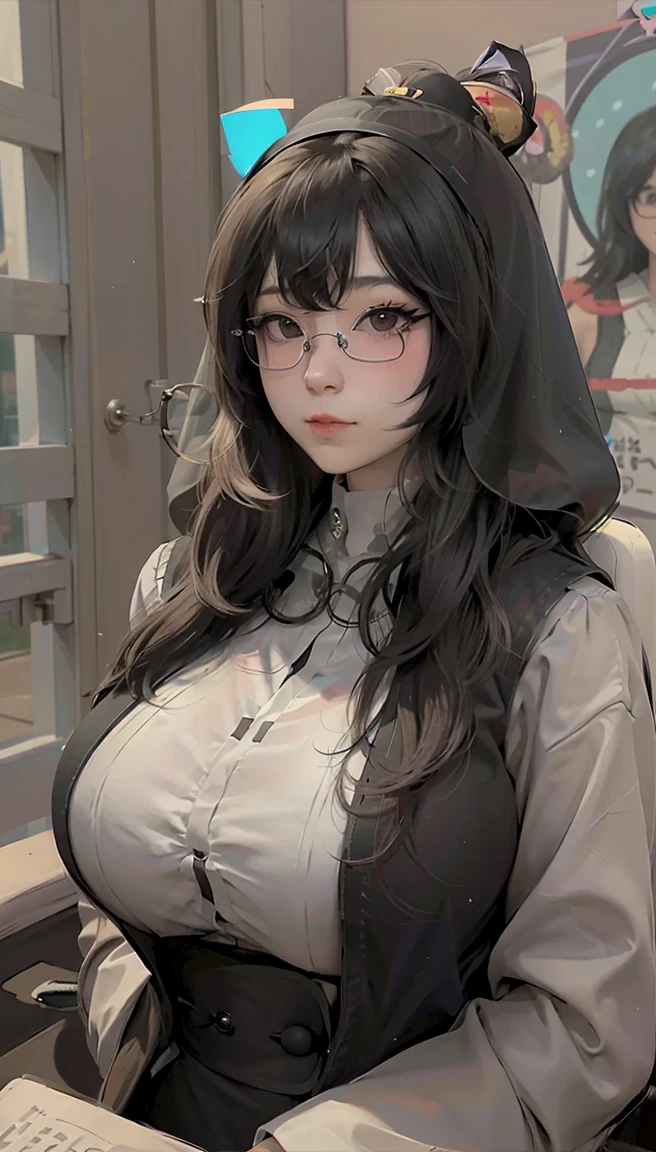 (1 girl:1.3)、solo、__body parts__、official art、unity 8k wallpaper、super detailed、Cosmetology and aesthetics、big breasts beautiful、master piece、best quality、fantastic atmosphere、calm color palette、feeling calm、soft shades、sexy nun、、 ((((giant glasses, otaku glasses, thick glasses, round glasses)))),(((big breasts)))、charisma spell、vignette、Duties of a nun、look at the camera，light smile，the biggest：1.4