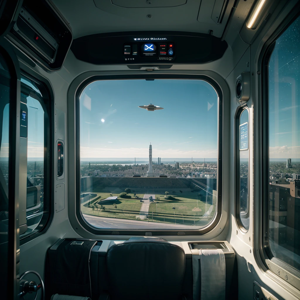 view from the window of a spaceship, saturn displayed