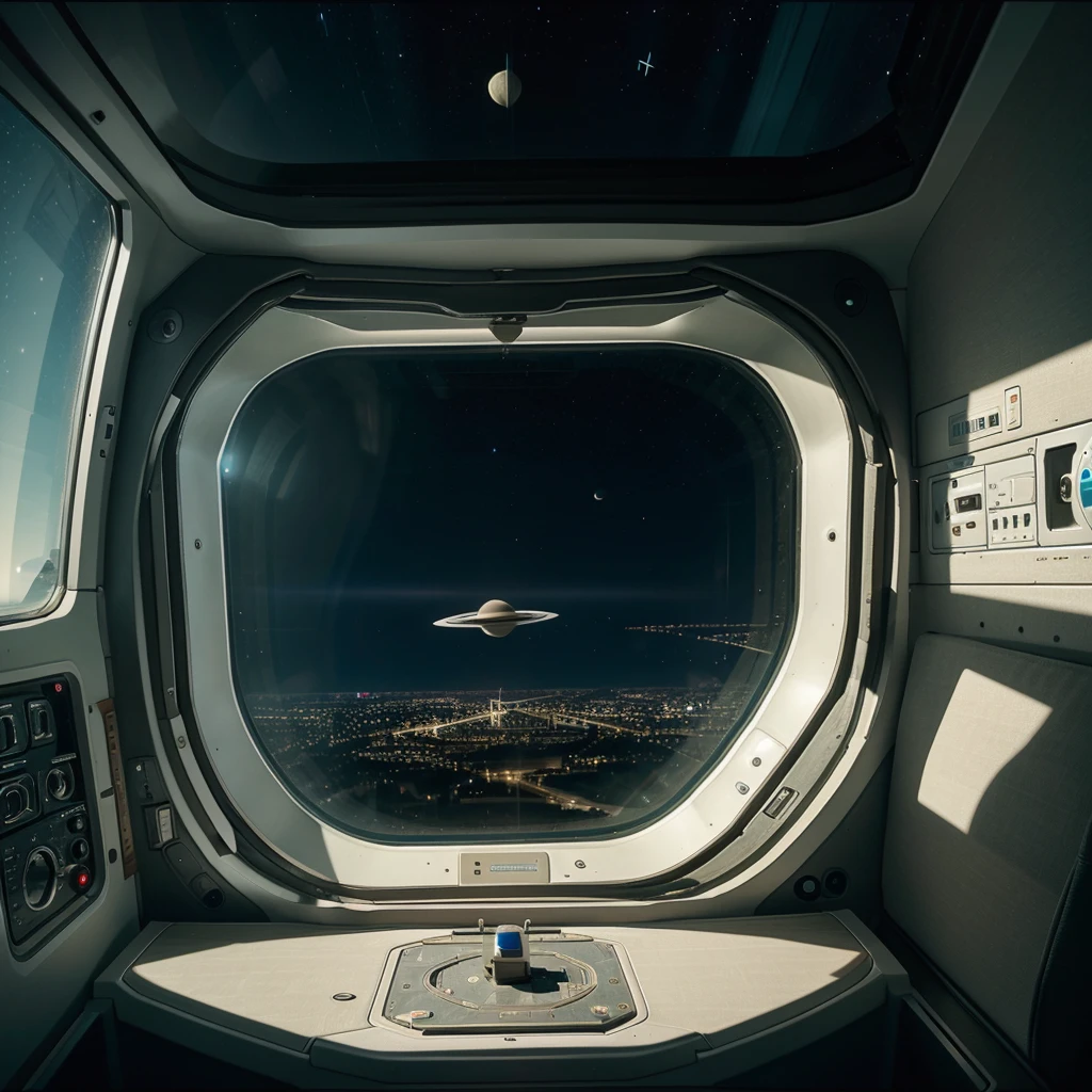 view from the window of a spaceship, saturn displayed