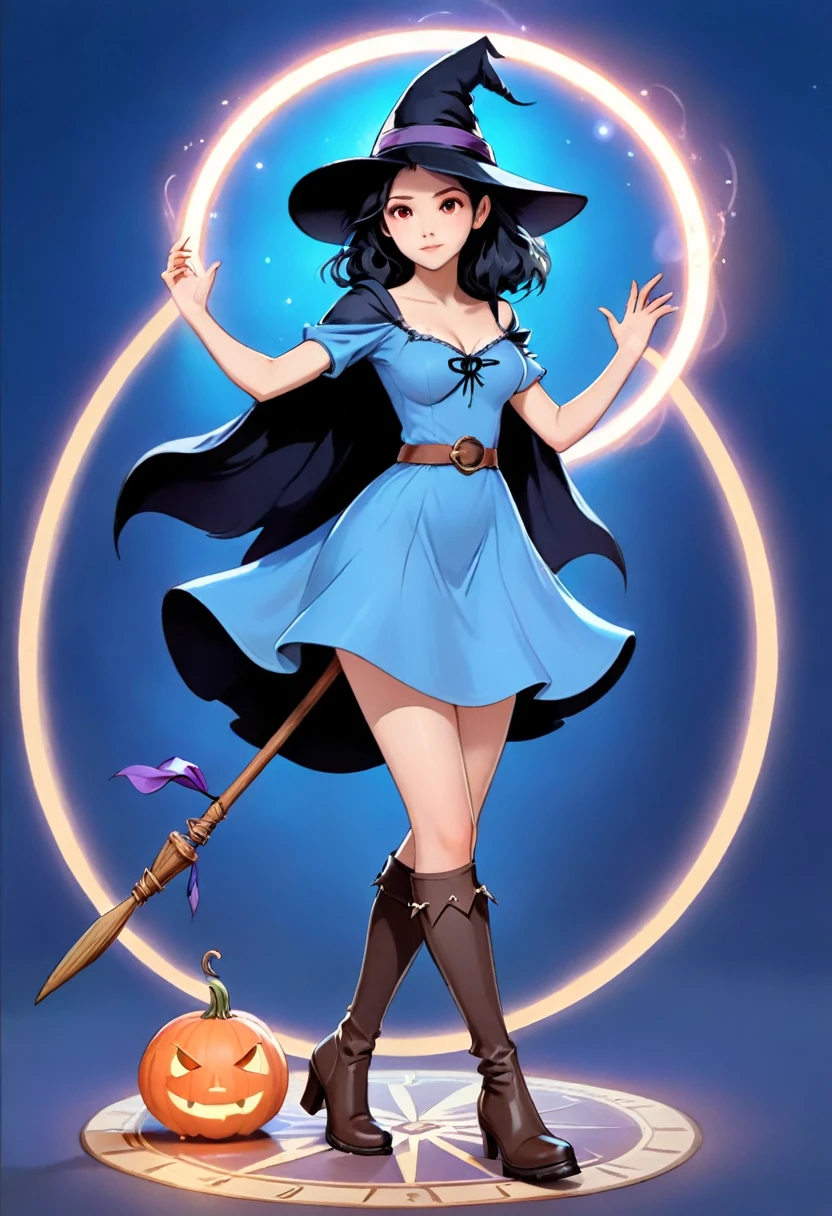 A beautiful witch in the style of Studio Ghibli, 1.55 tall, , medium-length black hair, light brown eyes, fair skin, wearing a knee-length transparent blue dress, black stockings and dark brown boots, a black and cinnamon cloak, a light brown handbag and a magic wand made of coral lizard. 8k image, ((highest quality)),(ultra high resolution),(Super detailed),(detailed description),((best GC)),(best artwork),super art precision,great drawing- art(Fantasy art with precise details:1.5),(witch:1.6),(and pretty cute shaped face:a 1.5),(Magic circle floating:1.6),dynamic pose:1.5,boots:1.3, magic circle, final fantasy XV style, 4K, super sexy, without panties