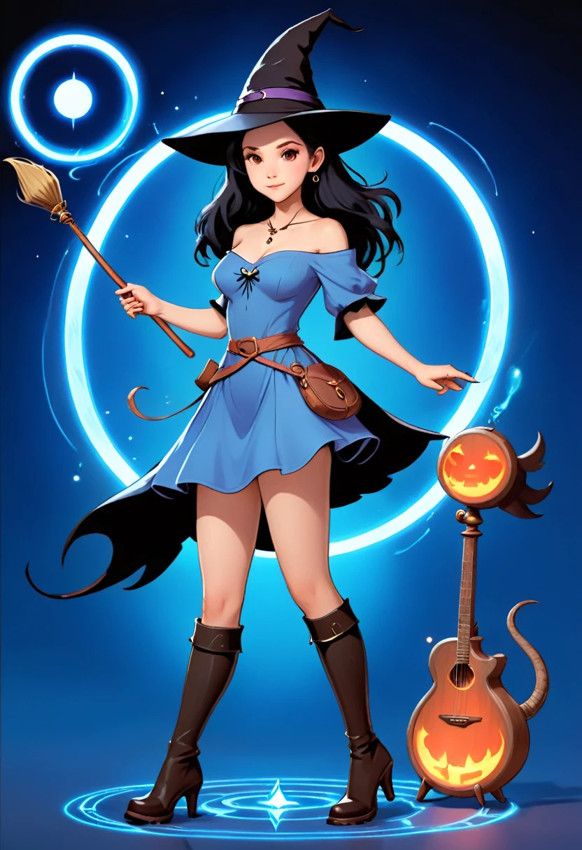 A beautiful witch in the style of Studio Ghibli, 1.55 tall, ************, medium-length black hair, light brown eyes, fair skin, wearing a knee-length transparent blue dress, black stockings and dark brown boots, a black and cinnamon cloak, a light brown handbag and a magic wand made of coral lizard. 8k image, ((highest quality)),(ultra high resolution),(Super detailed),(detailed description),((best GC)),(best artwork),super art precision,great drawing- art(Fantasy art with precise details:1.5),(witch:1.6),(and pretty cute shaped face:a 1.5),(Magic circle floating:1.6),dynamic pose:1.5,boots:1.3, magic circle, final fantasy XV style, 4K, super sexy, without panties