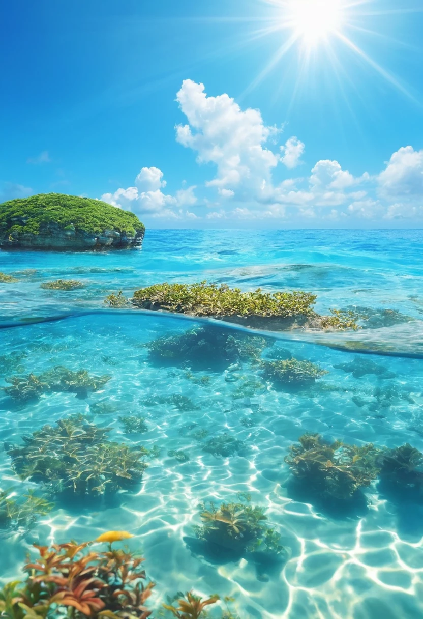 landscape, summer, blue sky, Okinawa, private Ocean滩, Ocean湾, Ocean, unmanned, Ocean滩, nobody, Hot weather, sun, HD details, Ultra-detailed, , Surrealism, soft light, deep focus bokeh, Ray tracing, Gwise on the art site pixiv, 新Ocean誠, Art sprouts