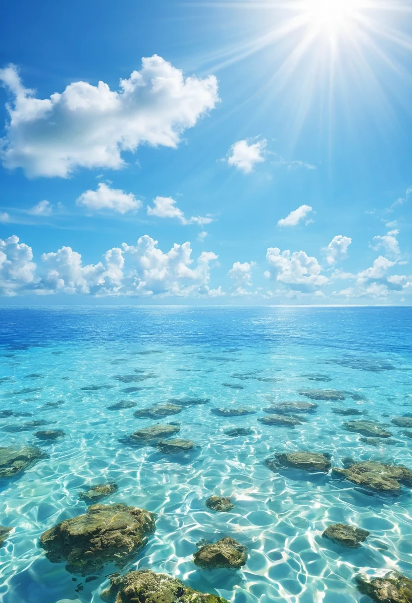 landscape, summer, blue sky, Okinawa, private Ocean滩, Ocean湾, Ocean, unmanned, Ocean滩, nobody, Hot weather, sun, HD details, Ultra-detailed, , Surrealism, soft light, deep focus bokeh, Ray tracing, Gwise on the art site pixiv, 新Ocean誠, Art sprouts