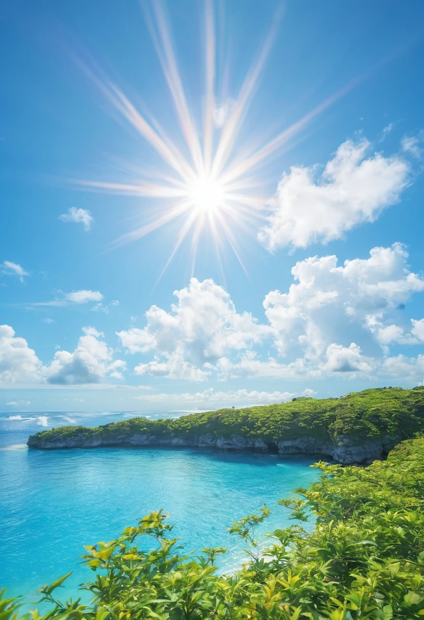 landscape, summer, blue sky, Okinawa, private Ocean滩, Ocean湾, Ocean, unmanned, Ocean滩, nobody, Hot weather, sun, HD details, Ultra-detailed, , Surrealism, soft light, deep focus bokeh, Ray tracing, Gwise on the art site pixiv, 新Ocean誠, Art sprouts