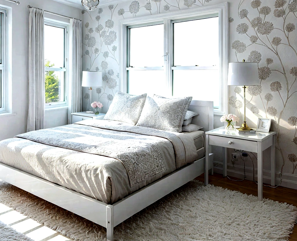 bedroom, white floor, bed, table, window, lamp,