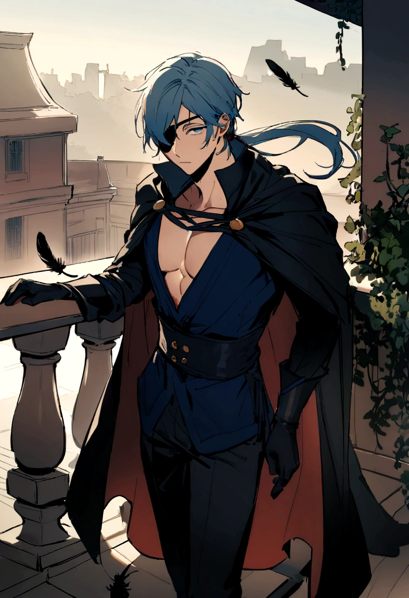 (masculine) (android) (only one person) (25 years) (appearance of a young adult) (his hair is navy blue, accompanied by lighter blue highlights, which she keeps tied up in a long ponytail that reaches to her waist. His bangs are cut into a long fringe that falls over the right side of his face and almost covers his right eye.. (a tall young man, about 24 years old) (thin complexion and sepia skin, which stands out for giving it a strange appearance. Its visible eye is sharp and periwinkle with long eyelashes and the same diamond-shaped pupil.,his clothes were black, in the torso, wore a corset. negro, and tight black pants, He wore boots that reached a little above his knees., He wore an eyepatch over his right eye., He had black gloves and a black cape with a little feathers and the clothes had an opening that showed his pectorals.) (background of a clear sky with vegetation and is on a balcony)