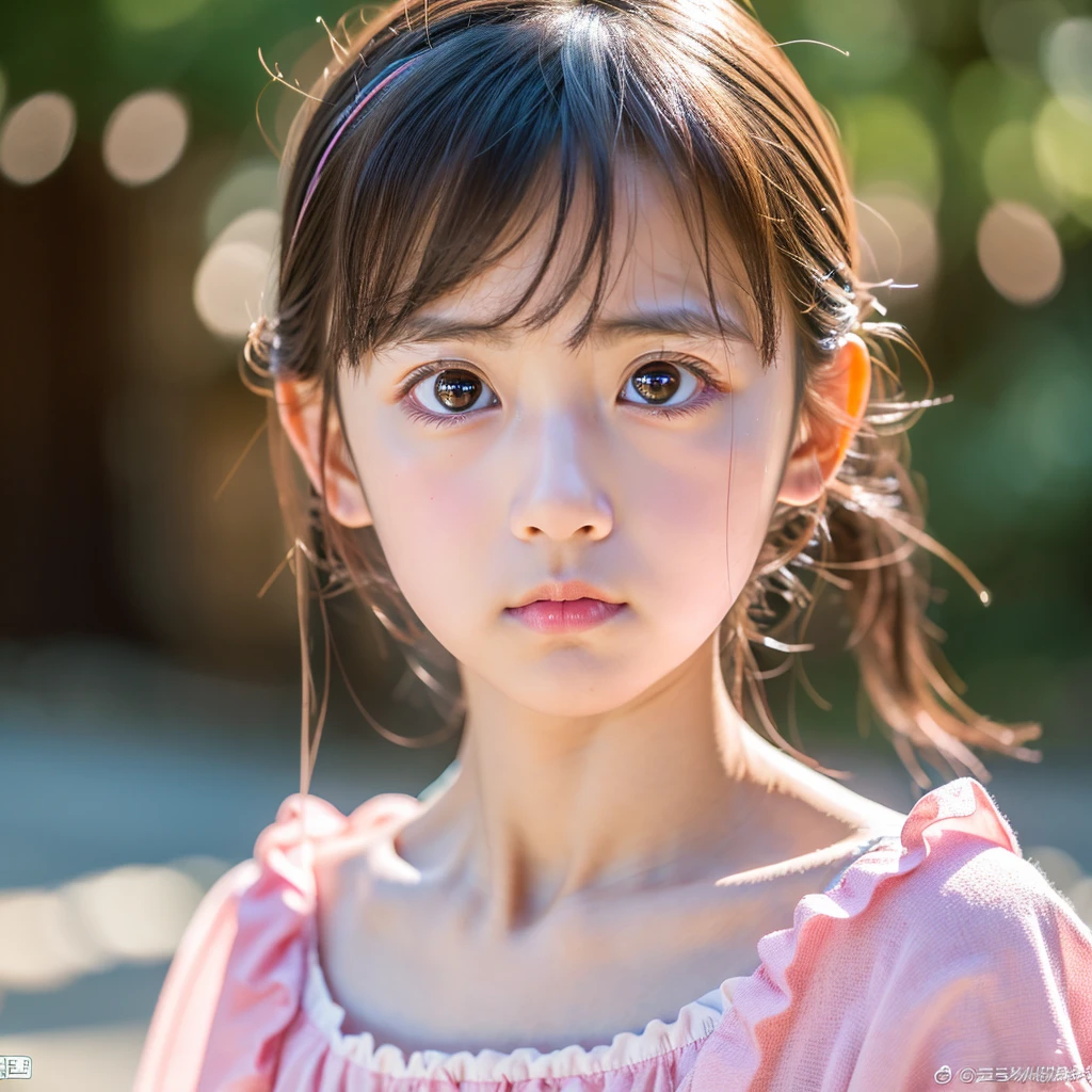 Looking straight ahead and glaring angrily, Ultra HD、128k、Masterpiece、A kindergarten girl、 clavicle, RAW Photo、A girl with big eyes wearing light pink clothes、Long face, Professional Lighting、Japanese anime style,