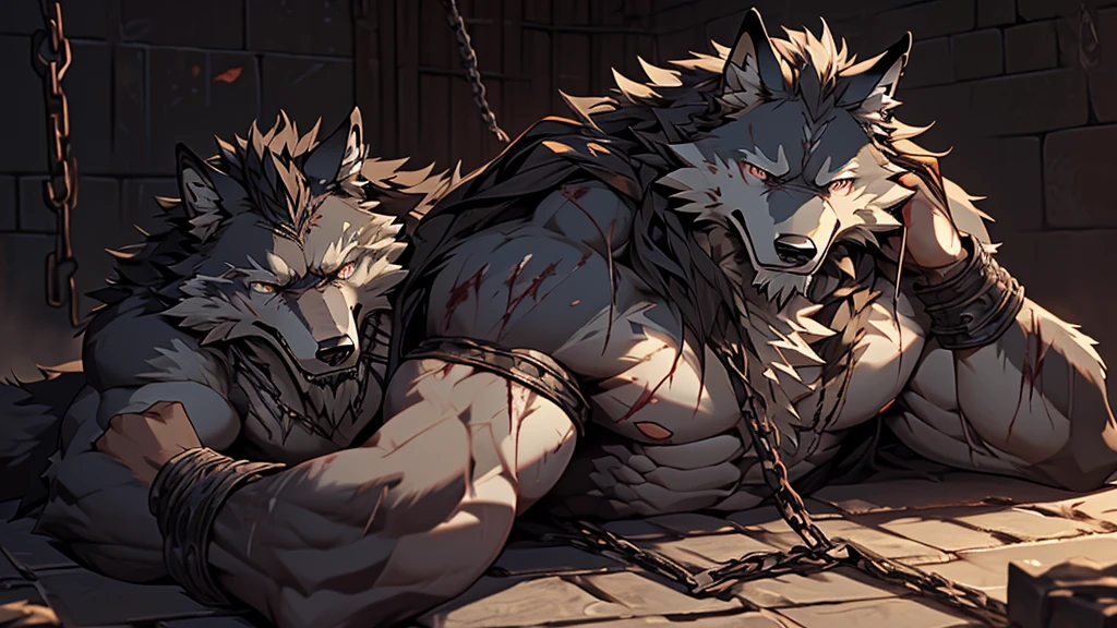 (best quality), (photorealistic:1.2), (masterpiece:1.3), (realistic detail:1.2), highest quality, ultra detailed, 8k, RAW photo, (mature male wolf:1.3), (general),(defeated),(damaged body),(extreme detail:1.3), (gray fur:1.2), facial hair, long hair, white braided hair, (blood:1,6),(elderly:1.2), (emaciated:1.3), nude, (muscular:1.3), (battered body:1.4), bleeding, (heavily scarred:1.4), shackled, (chained:1.4),(chains wrapped around his arms and main body ), (dungeon:1.3), (torture:1.3), (extreme pain:1.5), (semiconscious:1.3), (lying on ground:1.3), (weak:1.4), (suffering:1.5), (dim lighting:1.2)