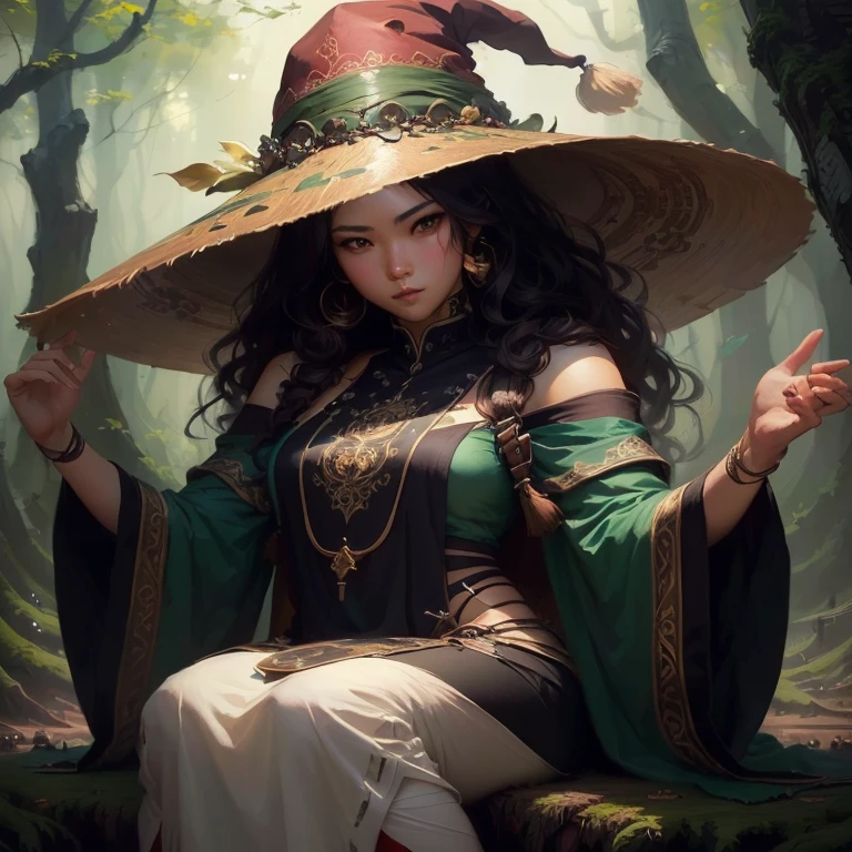 Arafa woman in green and brown clothing sitting on a tree stump, obras de artistry no estilo de guweiz, beautiful character painting, WLOP e Ross Tran, estilo de artistry de fantasia, Ross Tran 8K, 由杨J, by ruan jia and stanley artgerm, artistry, the style of wlop, Ross Tran e WLOP