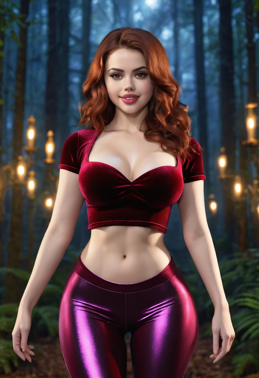 the overall theme and style should feel like. a hybrid of fairytale and Science Fiction. extremely beautiful model, 20 years old female, long bright fire red hair, hair that has a mettalic glimmer and sheen. realistic, perky breasts, cleavage,, oppulent jewel incrusted form fitting velvet yoga pants, oppulent jewel incrusted form fitting velvet shirt Wide Smile, Eyes Detailed & Wide, Dynamic Pose. Ultra HD, Rococo-Inspired Fantasy Art With Intricate Details. Cute, Charming Expression, Alluring-Gaze, looking at viewer Beautiful Eyes, An-Ideal-Figure. Large Youthful Well-Shaped-Breasts, Attractive ass showcased. Massive-Round-Bosom, Décolletage. slim waist, fit body, full lipsWarm lights , woman in a dreamy forest at night, with fluffy hair, delicate face, realistic, real, slim, large aperture, sexy shots, attractive poses,Stunnin gly beautiful merge of Scarlett Johanson. Alison Brie, Selena Gomez. symmetrical face, photorealistic, photography, path tracing, specular lighting, volumetric face light, path traced hairmaximum quality{(masutepiece) (8K High Resolution) (top-quality)
