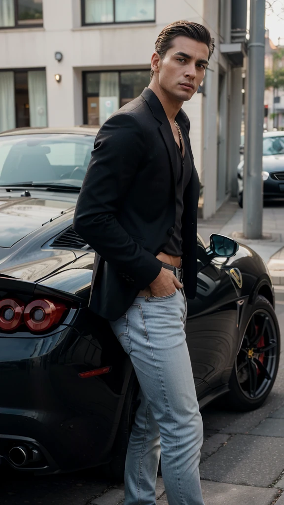 Aqui está o prompt atualizado com as mudanças solicitadas:

"A handsome and attractive man with a more masculine appearance, short straight hair slicked back, brown eyes, and lightly tanned skin. He is dressed in a casual yet stylish outfit consisting of a dark black blazer, a fitted white shirt, and dark jeans, exuding power and confidence. He stands next to a sleek red Ferrari, parked in an upscale urban environment. The scene captures the essence of luxury and sophistication, with the high-end car and his confident posture. His face is highly realistic, capturing fine details and lifelike expressions."