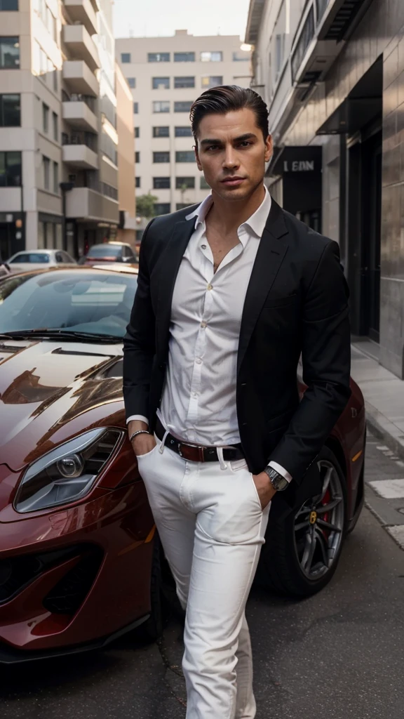 Aqui está o prompt atualizado com as mudanças solicitadas:

"A handsome and attractive man with a more masculine appearance, short straight hair slicked back, brown eyes, and lightly tanned skin. He is dressed in a casual yet stylish outfit consisting of a dark black blazer, a fitted white shirt, and dark jeans, exuding power and confidence. He stands next to a sleek red Ferrari, parked in an upscale urban environment. The scene captures the essence of luxury and sophistication, with the high-end car and his confident posture. His face is highly realistic, capturing fine details and lifelike expressions."