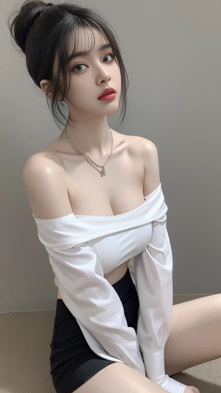 korean woman, seating on toilet, showing ass , thick thigh, urinating, public toilet, pull down panties, best quality, 4k, ponytail hair, smoking, 18years old, pale skin, off shoulder shirt, neckless