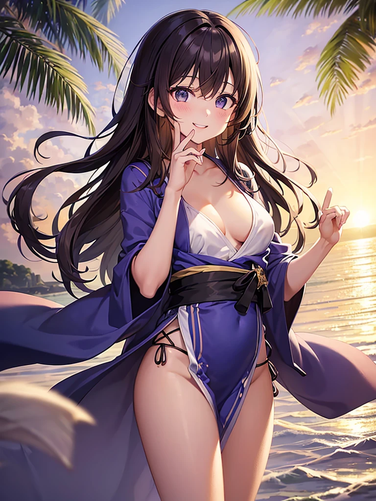 Location in Japan, Anime 1 girl, Brown hair, Eye color at the top is blue to the bottom is slightly purple, Cute face, Slim body, Medium and firm breasts, Slightly messy hair, smooth white skin like Mutia, The sun has set, on the beach, looking at the beach view, raise one hand above your head, wearing a summer dress, Happy smiling, masterpiece, 8k.