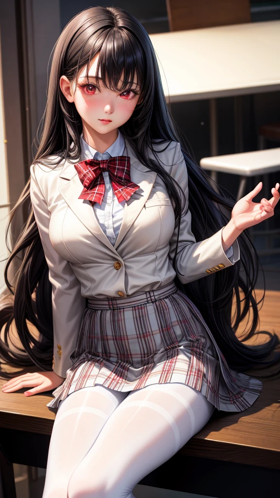 realistic, 1girl, long black hair, red eyes, glowing eyes, white blazer, white plaid skirt, pantyhose, blush, table