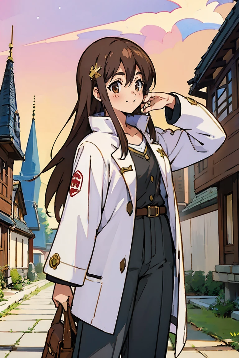 (masterpiece, best quality:1.2), shion shishibe, 1girl, buttons, coat, jacket, long sleeves, open clothes, open jacket, pants, shirt, solo, white jacket, brown eyes, reddish brown hair, coat, collarbone, hair ornament, jacket, labcoat, long hair, uper body, background with((village, old houses, outdoors, folk, fantasy world, castle, beautiful sky, shining sky, sunshine))