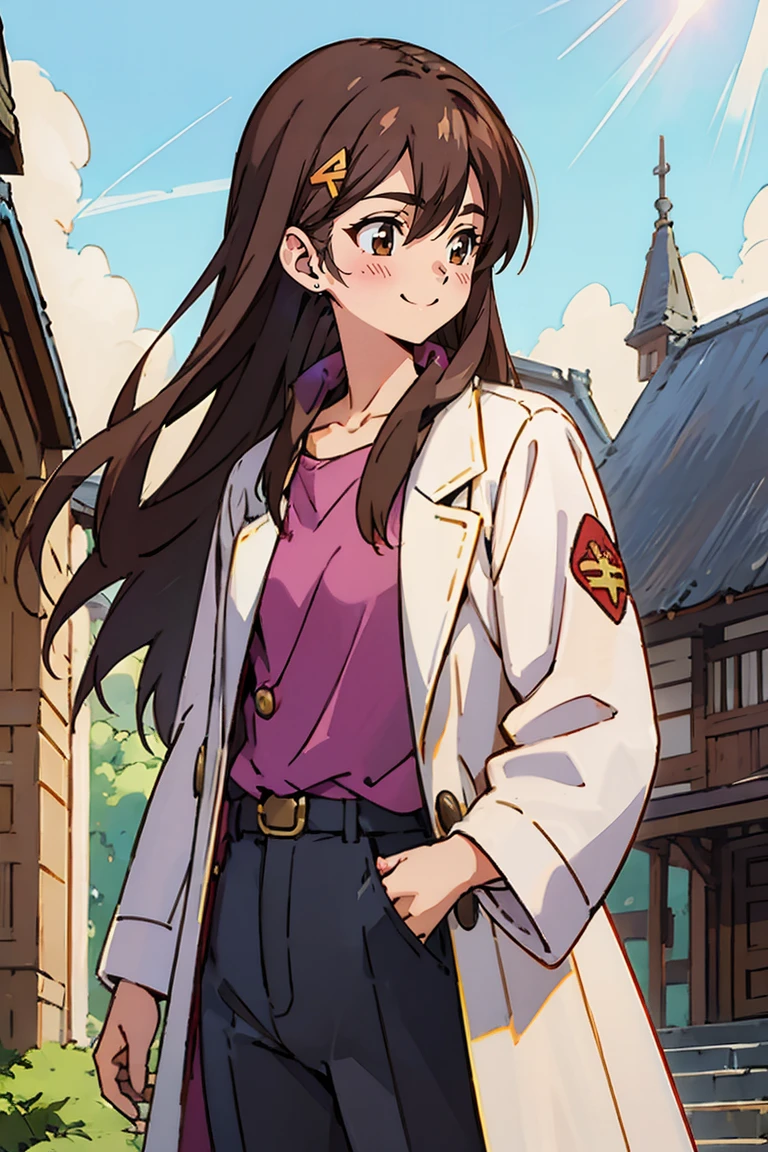 (masterpiece, best quality:1.2), shion shishibe, 1girl, buttons, coat, jacket, long sleeves, open clothes, open jacket, pants, shirt, solo, white jacket, brown eyes, reddish brown hair, coat, collarbone, hair ornament, jacket, labcoat, long hair, uper body, background with((village, old houses, outdoors, folk, fantasy world, castle, beautiful sky, shining sky, sunshine))