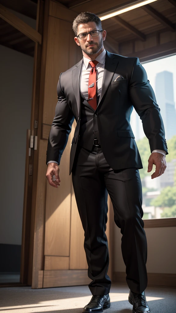 An award-winning original photo，A wild muscular Chris Redfield from Resident Evil 8, (45 years old daddy:1.1), 1boy, Solo, (black suit), (white dress shirt), (red print necktie), (big shoulders), musculature, stubbles, Short beard, squinting eyes under the sunlight:1.3, ), (Detailed face:1.3), wearing glasses, slight smirk, Dynamic Angle, volumetric lighting, (Best quality, A high resolution, Photorealistic), Cinematic lighting, Masterpiece, RAW photo, Intricate details, hdr, depth of field, full body shot, wearing black suit socks, underbelly is naked and hairy