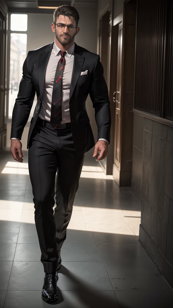 An award-winning original photo,A wild muscular Chris Redfield from Resident Evil 8, (45 years old daddy:1.1), 1boy, Solo, (black suit), (white dress shirt), (red print necktie), (big shoulders), musculature, stubbles, Short beard, squinting eyes under the sunlight:1.3, ), (Detailed face:1.3), wearing glasses, slight smirk, Dynamic Angle, volumetric lighting, (Best quality, A high resolution, Photorealistic), Cinematic lighting, Masterpiece, RAW photo, Intricate details, hdr, depth of field, full body shot, wearing black suit socks, underbelly is naked and hairy