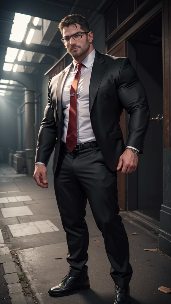 An award-winning original photo，A wild muscular Chris Redfield from Resident Evil 8, (45 years old daddy:1.1), 1boy, Solo, (black suit), (white dress shirt), (red print necktie), (big shoulders), musculature, stubbles, Short beard, squinting eyes under the sunlight:1.3, ), (Detailed face:1.3), wearing glasses, slight smirk, Dynamic Angle, volumetric lighting, (Best quality, A high resolution, Photorealistic), Cinematic lighting, Masterpiece, RAW photo, Intricate details, hdr, depth of field, full body shot, wearing black suit socks, underbelly is naked and hairy