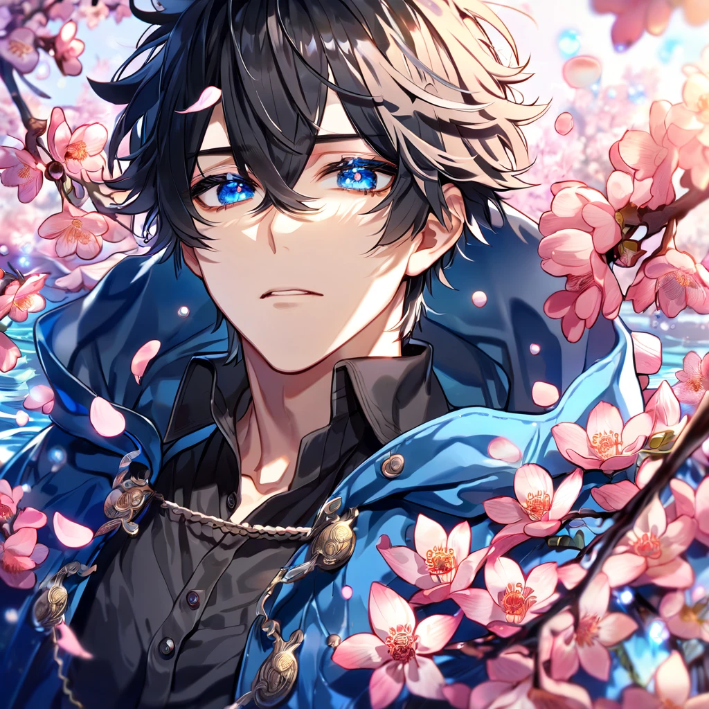 Ultra detailed, highres, absurdres, HDR, master piece, Gareki, messy hair, black hair, hair between the eyes, expressive blue eyes, Karneval, fantasy, pink petals, water, pink flowers, handsome, sexy man, solo, best quality, blossoms, blue shining fireflies, black shirt, a hooded blue coat, a pair of black goggles on the forehead