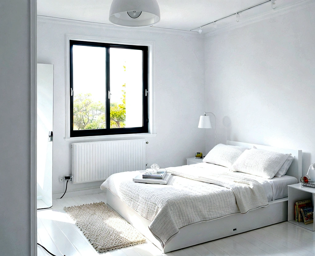 bedroom, (white floor), (White Wall), bed, table, window, lamp, 