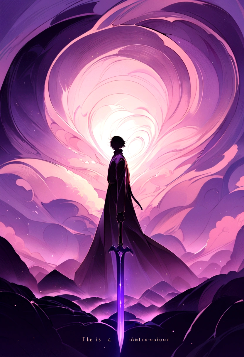 Produce a flat, graphic design with proper title. The design shows that A ordinary boy stands in the center of the image, above him a shadow of him in a future, an epic warrior using a orange breastokate and a purple magic sword. He is surrounded by a swirling mist and an ominous, otherworldly landscape. Bold and elegant serif font for the title "Intangível," with a slight slant to add a dynamic touch. Subtitle in a clean and simple sans-serif font. The title is placed at the top of the cover, spanning the full width with a slight arch. The subtitle is aligned horizontally beneath the title, centered and slightly smaller in size. The design must be a two-dimensional, plain image designed by artist Yata and Yata.