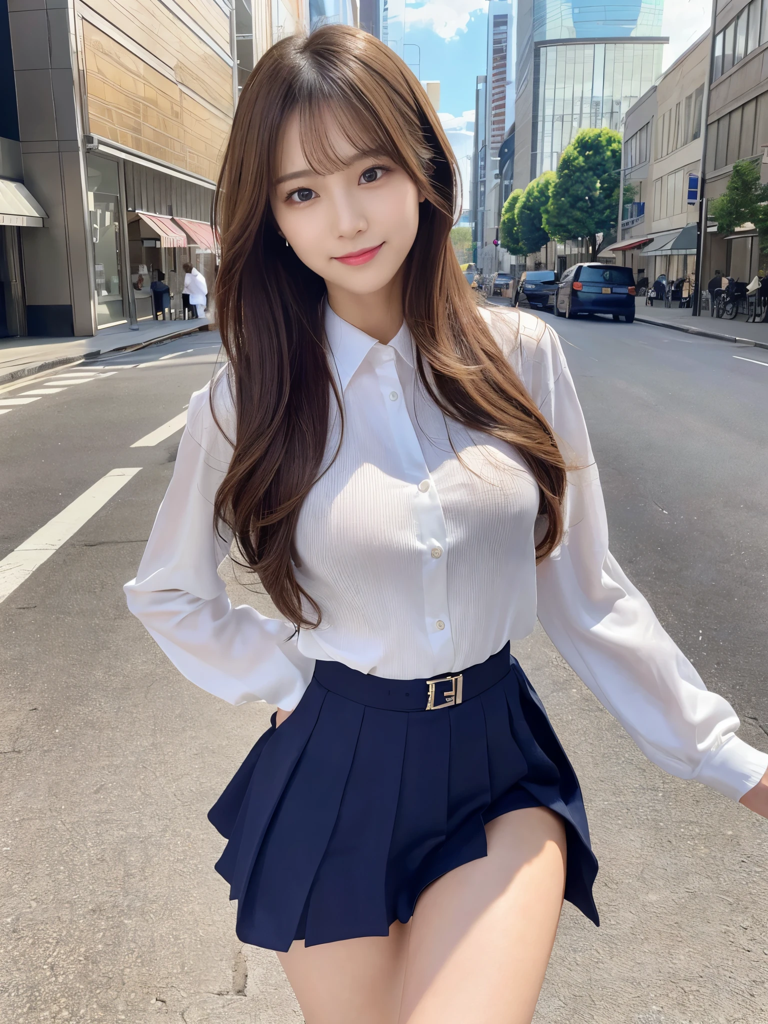 surrealistic、top-quality、 超A high resolution、Nikon Z 85mm、(｛（Raw foto:1.2）｝)natural soft light、profetional lighting、Look at viewers, realisitic、Super live-action、Photorealsitic、The crotch is visible、｛frontage、Angle from below｝ （｛｛Hands are out of the angle of view｝｝）portlate、Cute High School Girl、Uniform miniskirt、Cute sailor suit、Sailor suit skirt、Dark blue skirt、((accurate hands without incongruity)) Both legs are bent、The toes are on the ground、The legs are spread in an M shape and the panties are visible.、Delicate thighs visible from the front、lolita、 Japan schoolgirl uniform、White panties visible from uniform miniskirt、（Panchira）Uniform miniskirt、Perfect raw legs、delicate legs、 perfectly proportions、A sexy、Chest visible、 Squatting deep in the city、Show your pants around town、 ulzzang -6500-v1.1, Well-formed face、perfectly proportions、Well-formed fingertips、 Cute High School Girl、 Beautiful face in every detail、Realistic human skin、Provocative facial expressions、Semi-long、Smooth hair、de pele branca、light skinned、 （hyperdetailed face、（very detailed lips、｛round and detailed eyes｝二重まぶた、Moist eyes、｛Very delicate eyebrows｝）） （Strong-minded、（childish、pure、Attractive woman、charmed、glamor、Victory、Cheeky、glad、kawaii、Good aroma、））Cityscape、