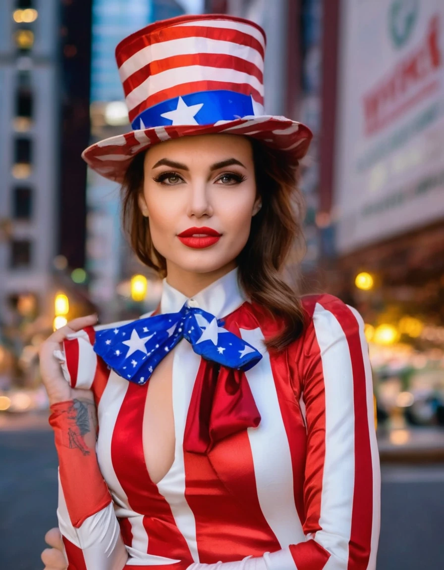 Professional fashion close-up portrait photography of a young beautiful woman like Uncle Sam in the city at night, uncle sam hat, uncle sam suit, model pose with hands on waist and eye-catching neckline. nikon z9, bokeh